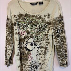 Y2K Fairycore Beaded Long Sleeve Espresso Retro Graphic Grunge Top Medium Large